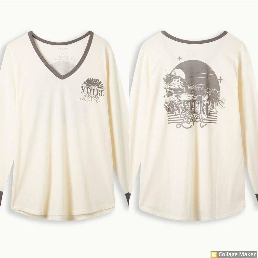NWT Torrid Cream Grey Nature Lover Signature Jersey Long Sleeve Tee 3 3X 22/24